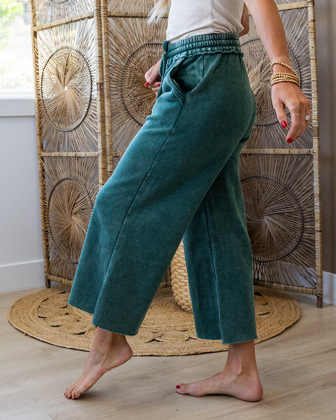 NEW! Cropped Wide Leg Comfy Pants - Dark Green Zenana