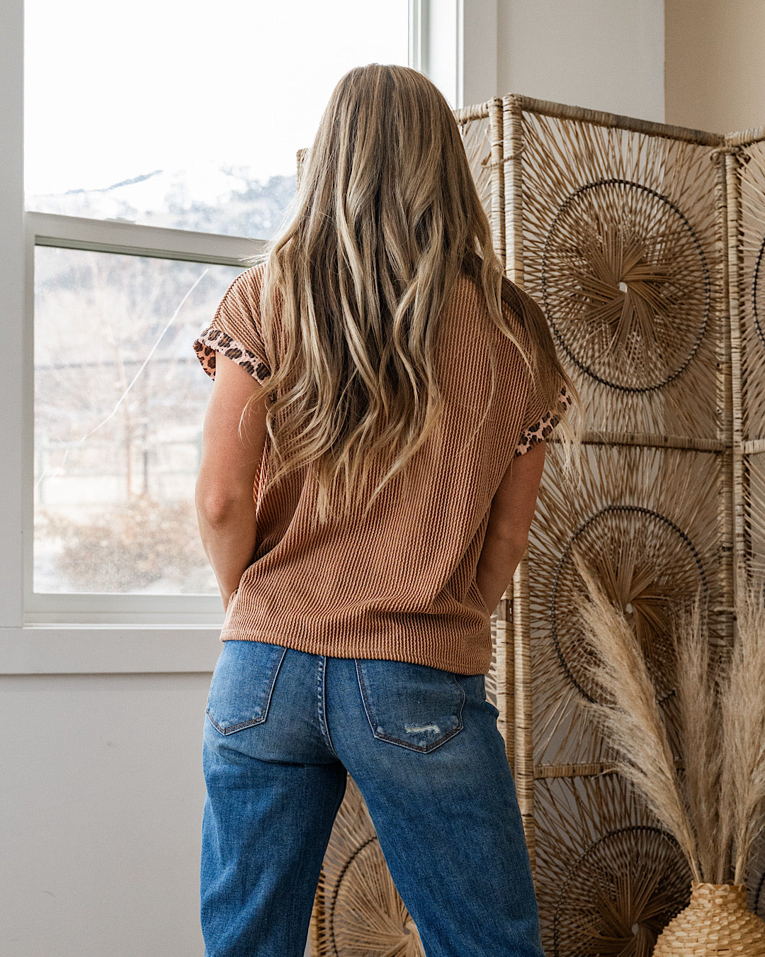 NEW! Amber Corded Top with Leopard Detail - Peanut Butter