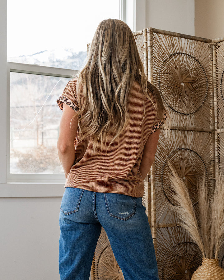 NEW! Amber Corded Top with Leopard Detail - Peanut Butter
