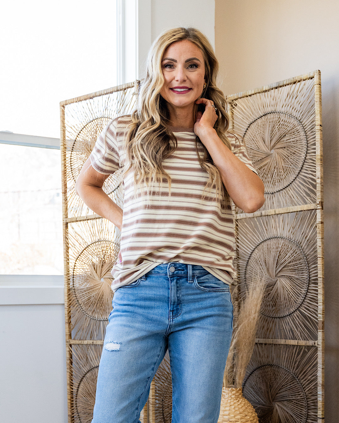 NEW! Lacy Ivory and Taupe Striped Top Tea N Rose