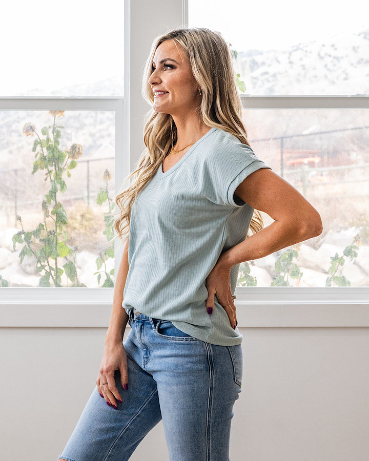 NEW! Winnie Pointelle V Neck Top - Light Aqua Staccato