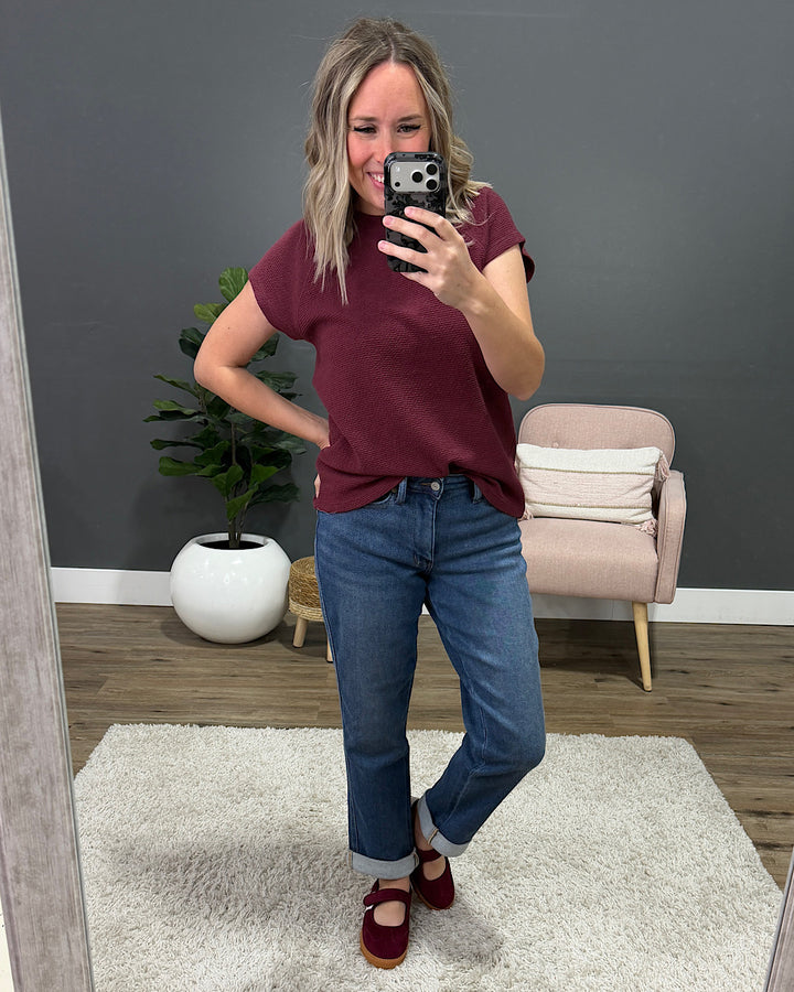 NEW! Justina Cloud Knit Short Sleeve Top - Wine