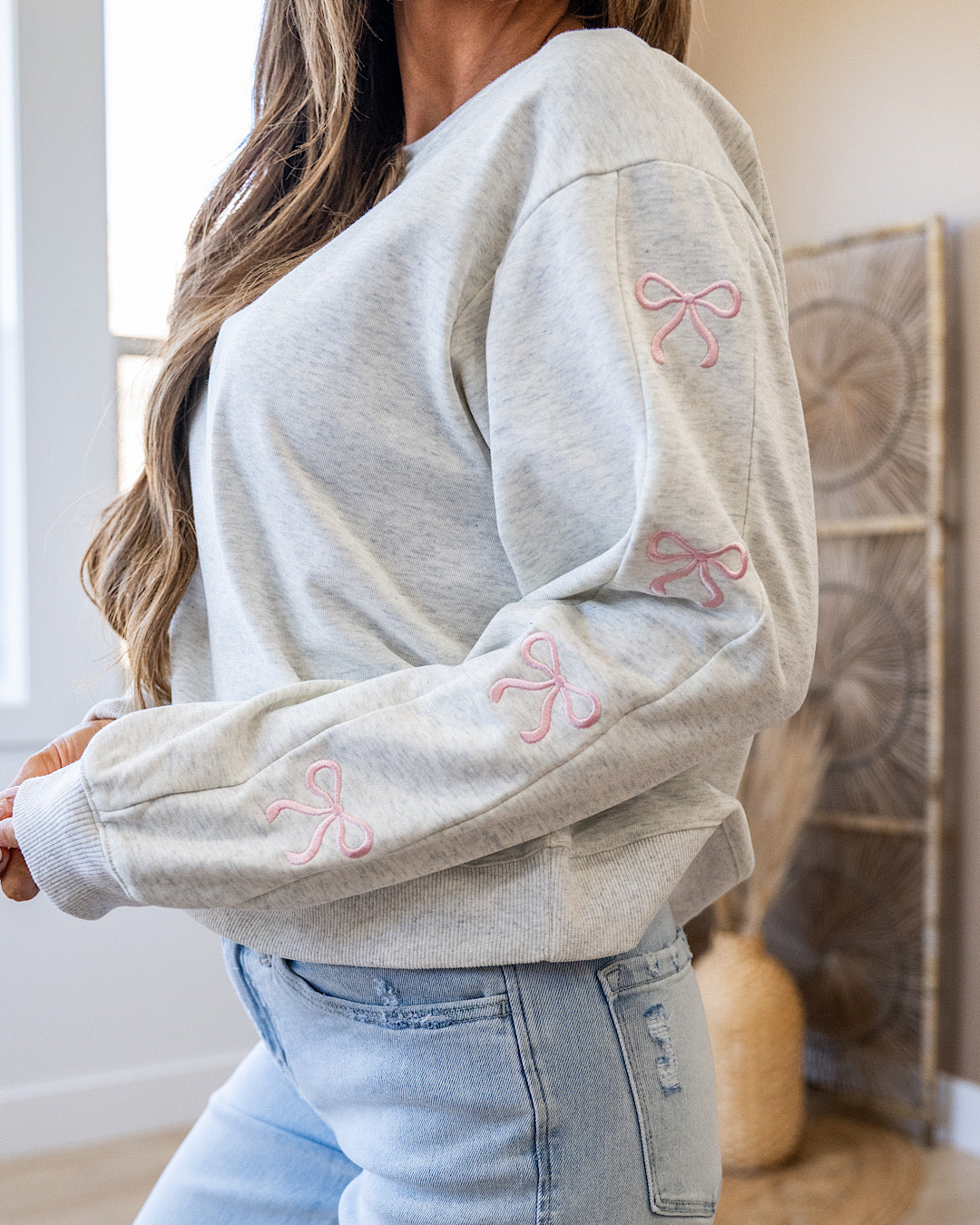 Heather Gray Sweatshirt with Pink Embroidered Ribbons Main Strip