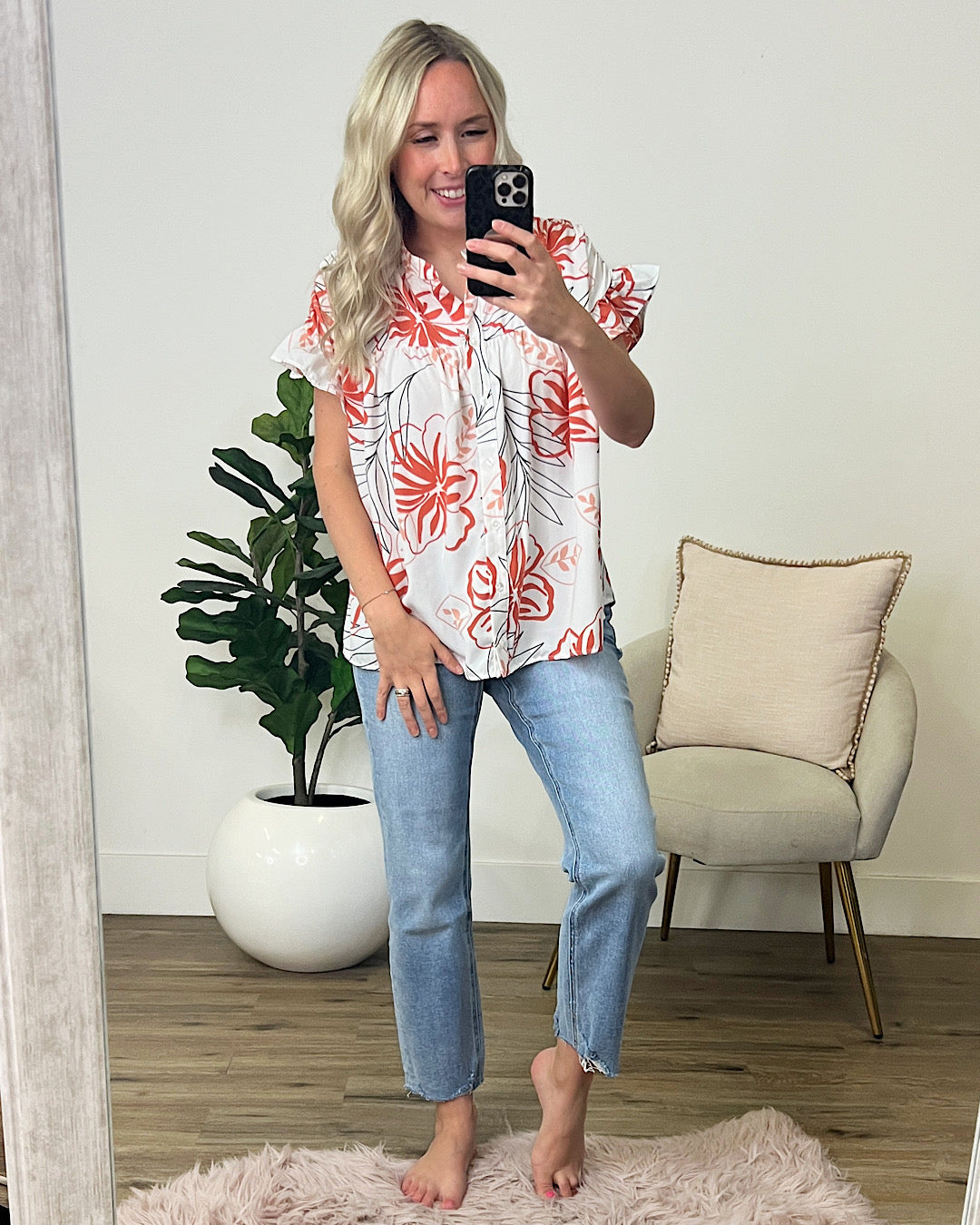 Madalyn Floral Split Neck Button Down Top - Coral FINAL SALE  Ces Femme   