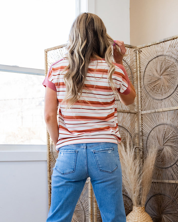 NEW! Kimmy Striped Color Block V Neck Top - Marsala Staccato