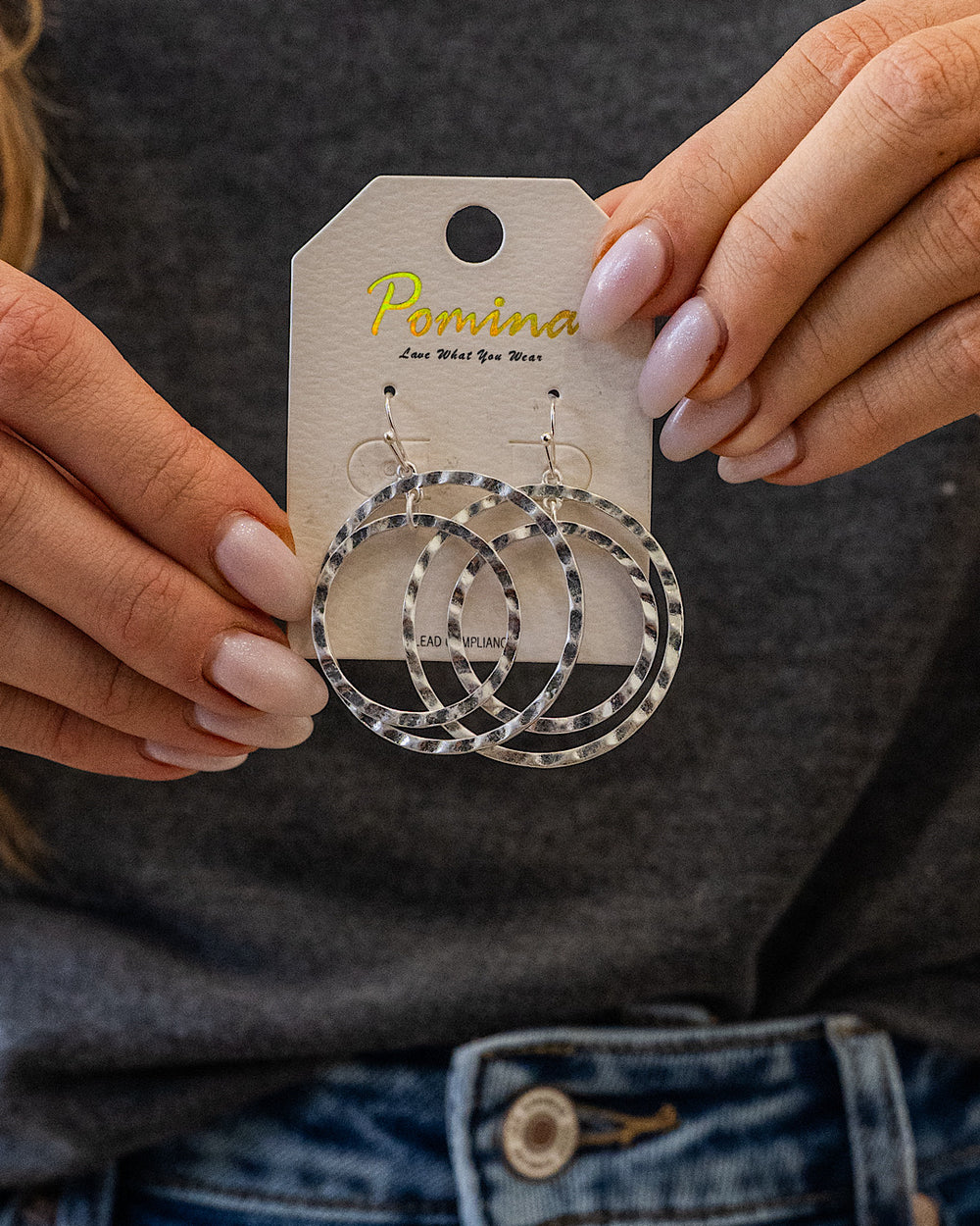 Hammered Double Circle Dangle Earrings - Silver Trendy Wholesale
