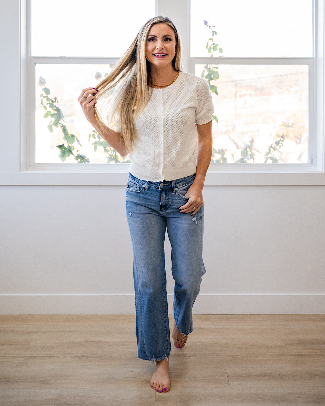 NEW! Brooke Pointelle Short Sleeve Cardigan - White
