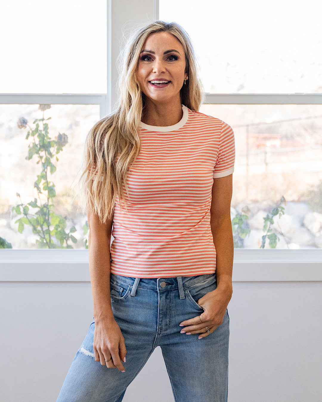 Sammy Striped Short Sleeve Top - Color Options Available! Zenana Coral