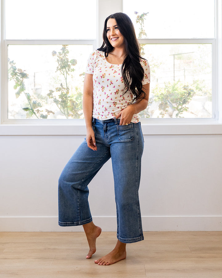 NEW! Reagan Floral Ribbed Top - Ivory & Pink PS Kate
