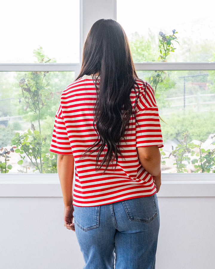 NEW! Hazel Contrast Striped Top - Red & Taupe