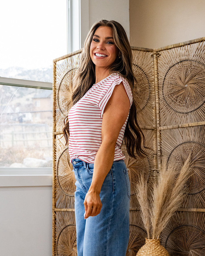 Noelle Striped Cap Sleeve Top - Ivory & Red Staccato