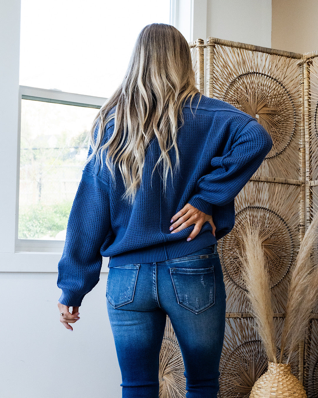 NEW! Evie Oversized Textured V Neck Sweater - Azurite Blue  Heyson   