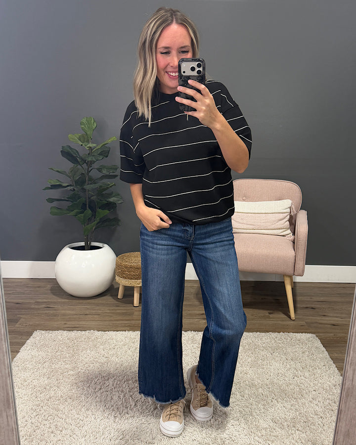 NEW! Macey Scuba Fabric Striped Top - Black & Cream Rae Mode