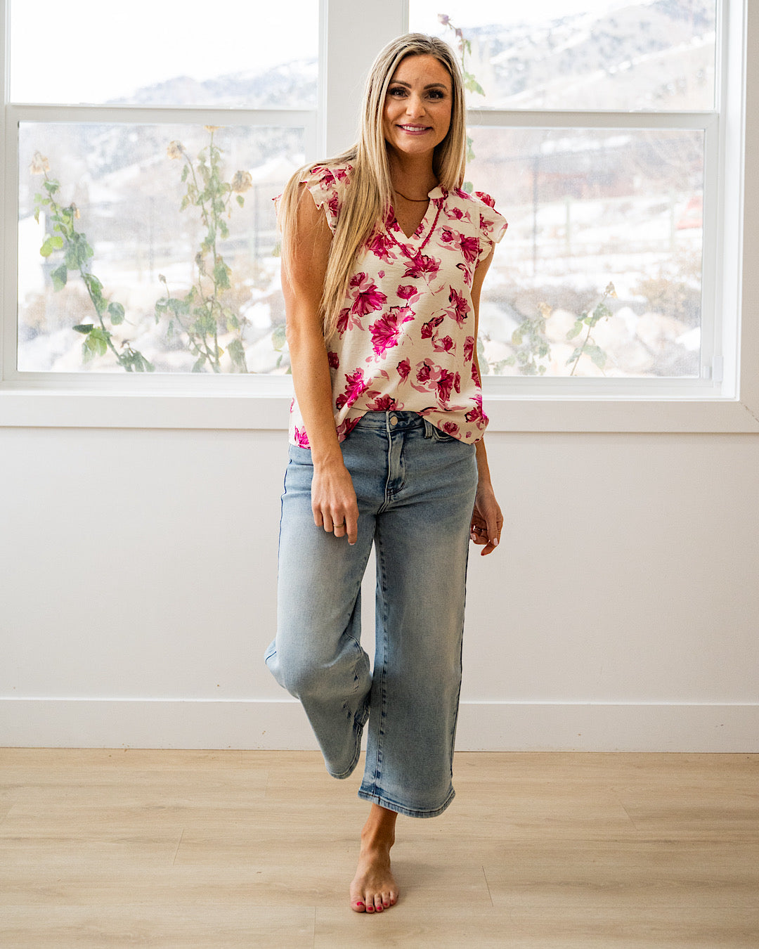 NEW! Marcie Floral Flutter Sleeve Top - Fuchsia