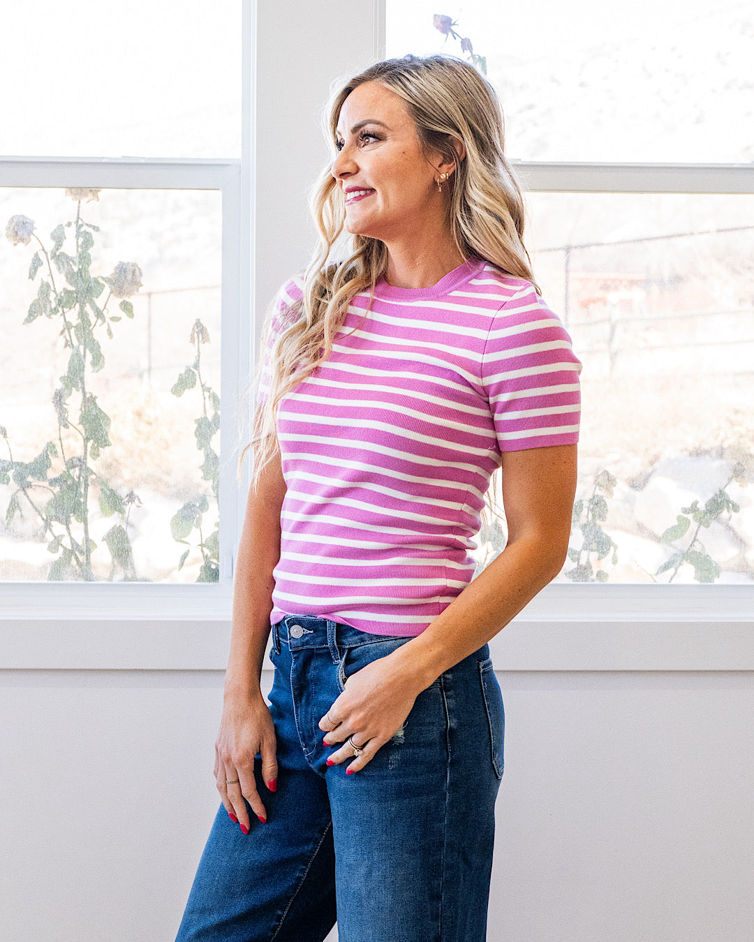 NEW! Delaney Striped Short Sleeve Sweater Top - Hot Pink Be Cool