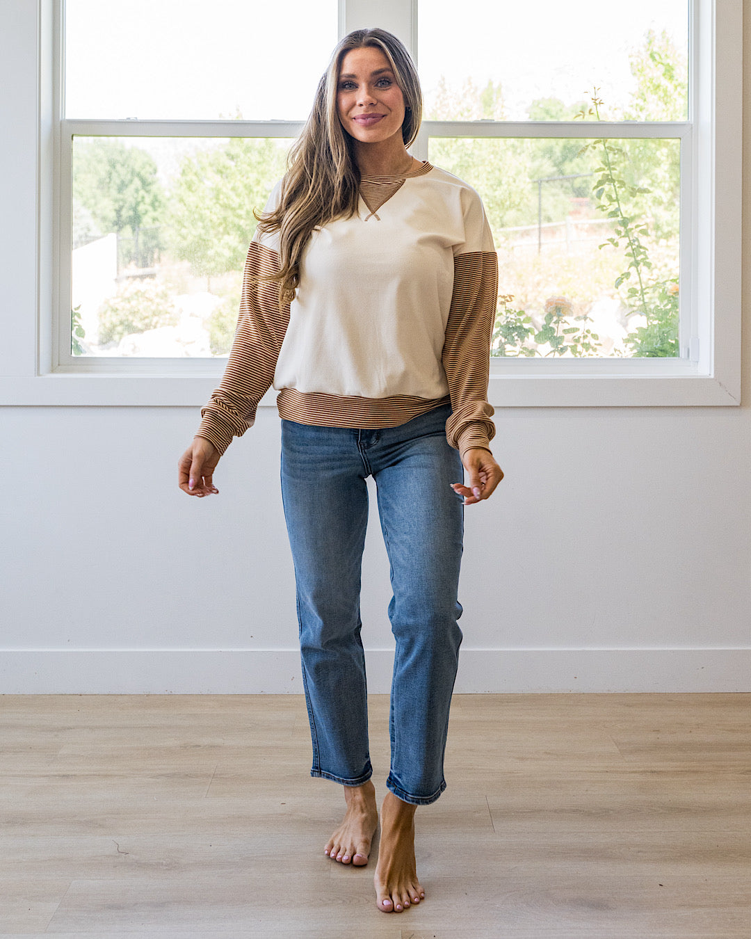 NEW! Danielle Striped Sleeve Brushed Top - Camel