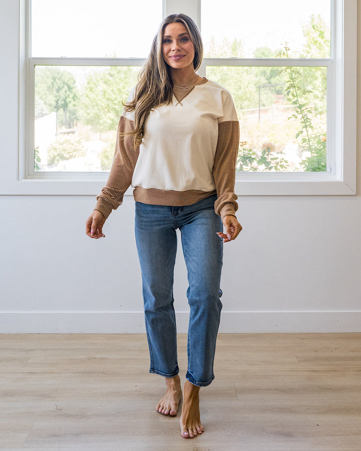 NEW! Danielle Striped Sleeve Brushed Top - Camel