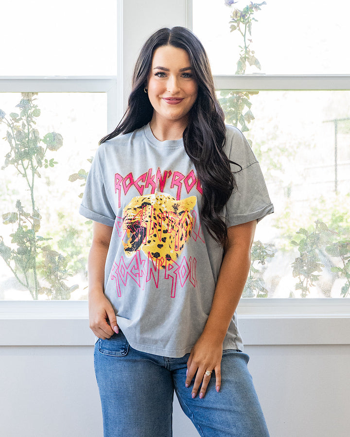 NEW! Rock N Roll Cheetah Vintage Gray Denim Tee Zutter
