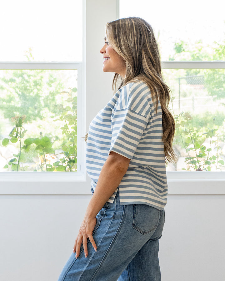 NEW! Hazel Contrast Striped Top - Dusty Blue & Yellow