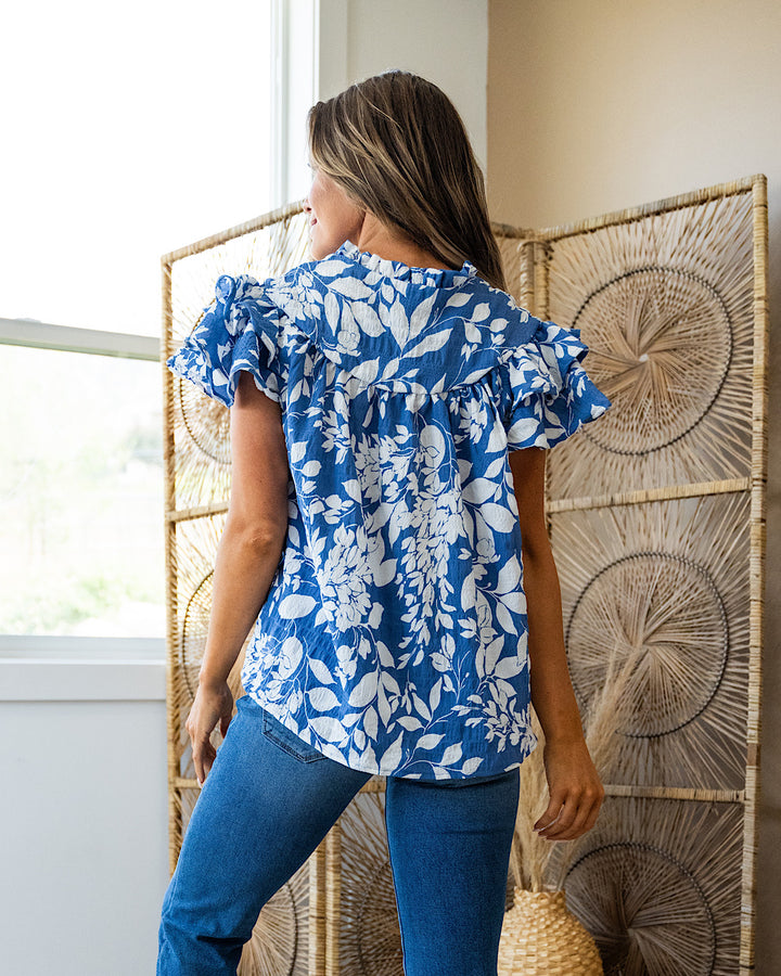 Marcie Blue Floral Ruffle Sleeve Top FINAL SALE  Ces Femme   