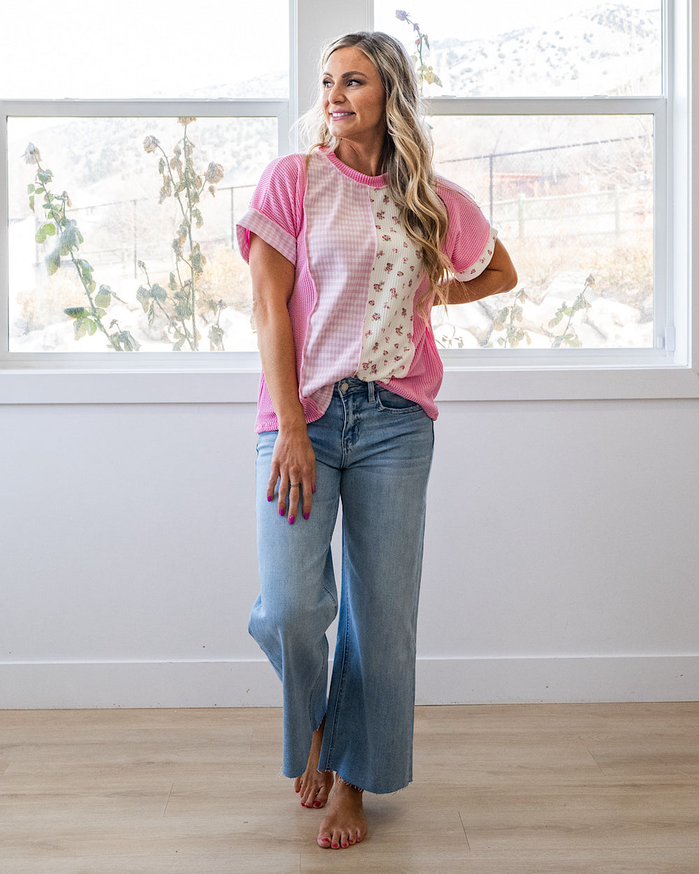NEW! Georgia Gingham and Floral Color Block Corded Top - Pink Lovely Melody