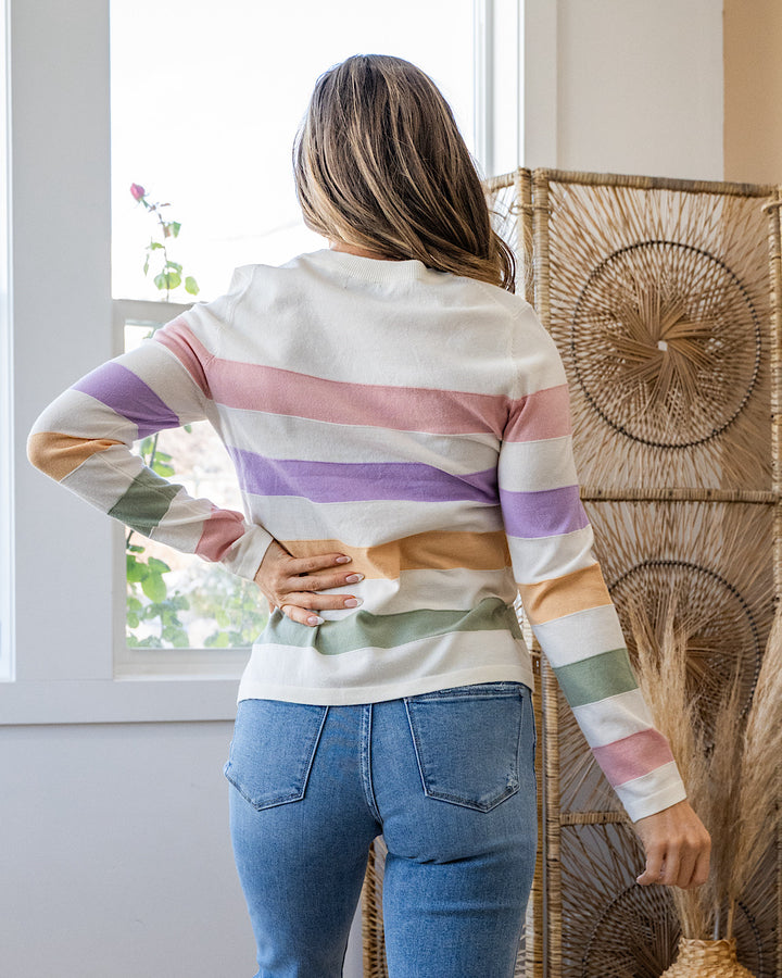 Kelsey Multi Color Striped Fine Knit Sweater - Pink & Lavender Staccato