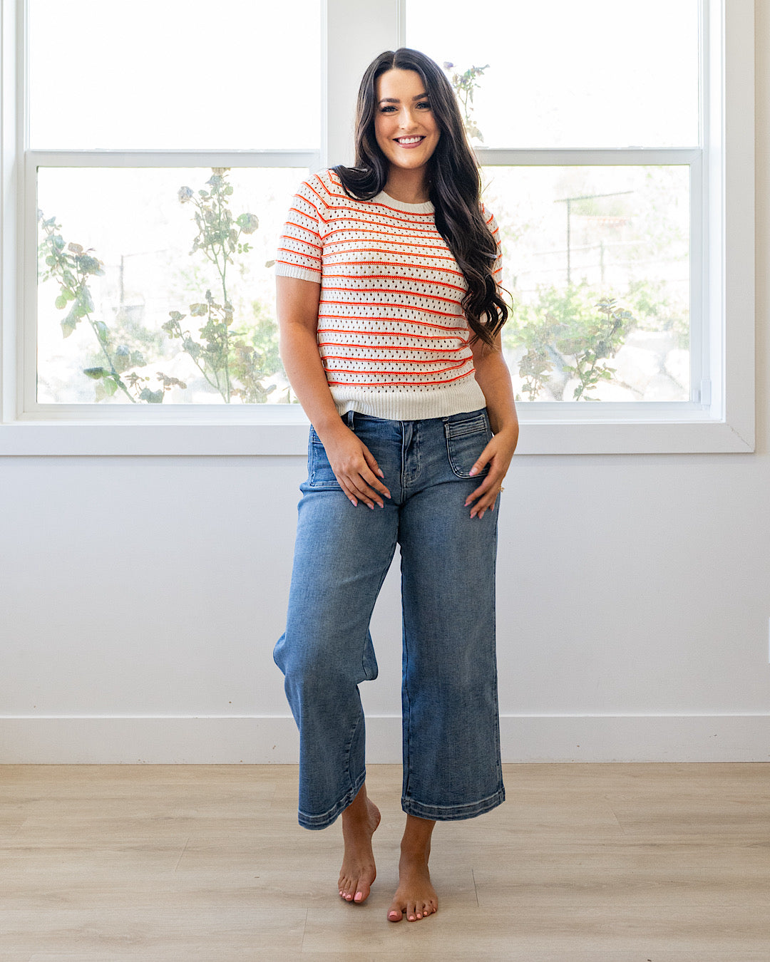 NEW! Kaitlyn Open Knit Striped Sweater Top - Orange Staccato