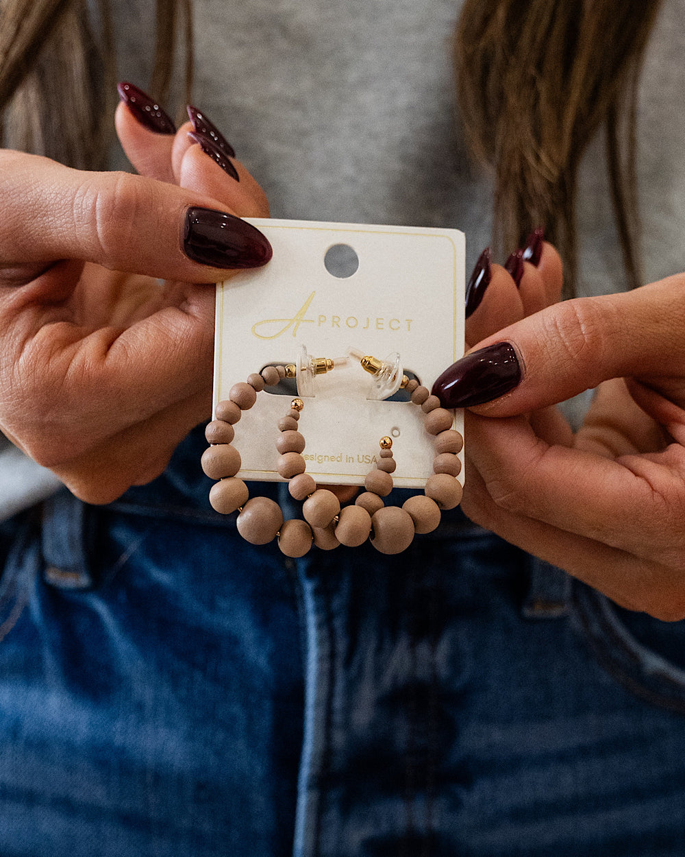 NEW! Wood Beaded Open Hoop Earrings - Mocha Trendy Wholesale