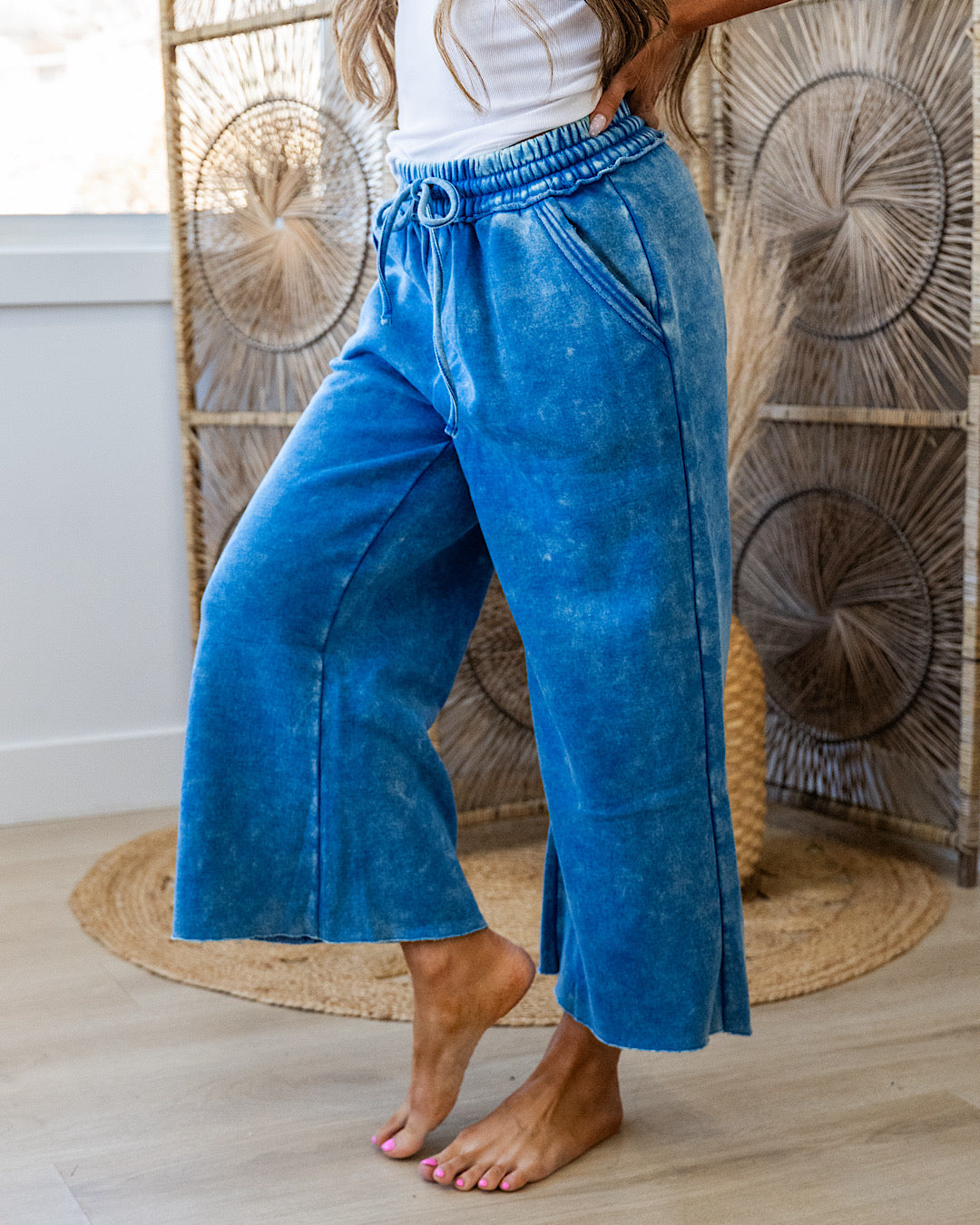 Cropped Wide Leg Comfy Pants - Classic Blue Zenana