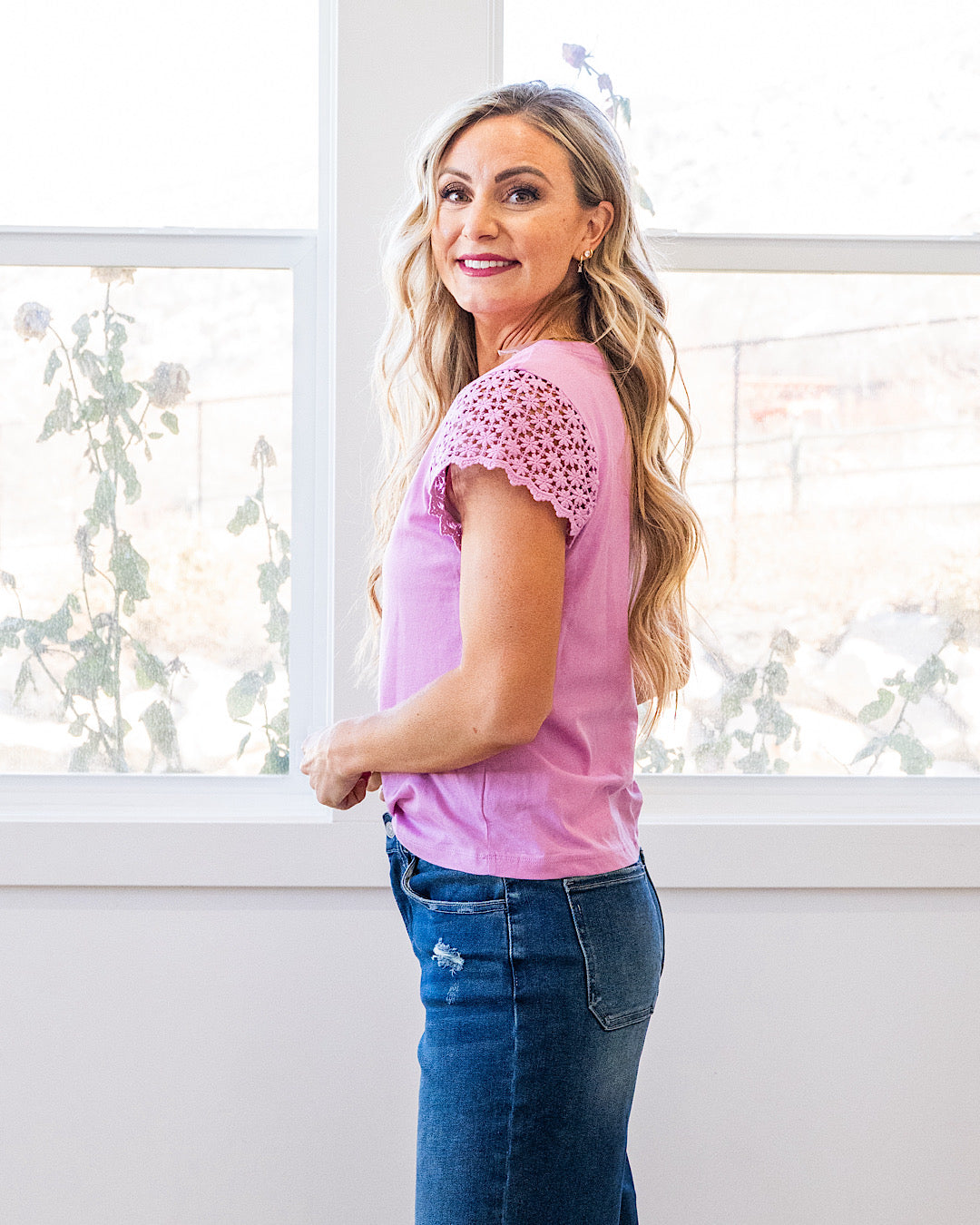 NEW! Cherilyn Crochet Sleeve Top - Lilac Staccato