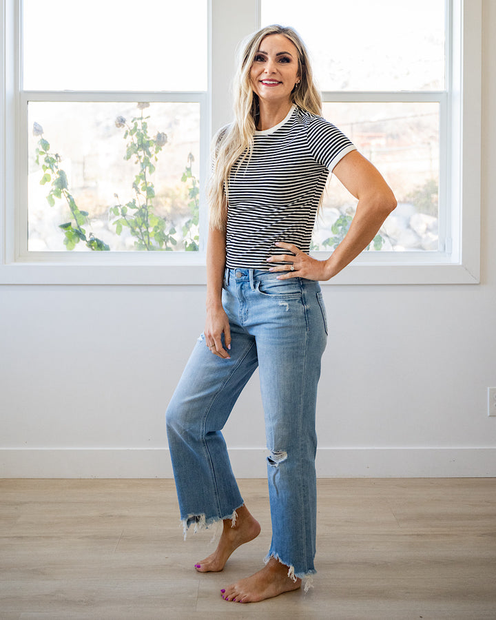 NEW! Sammy Striped Short Sleeve Sleeve Top - Black