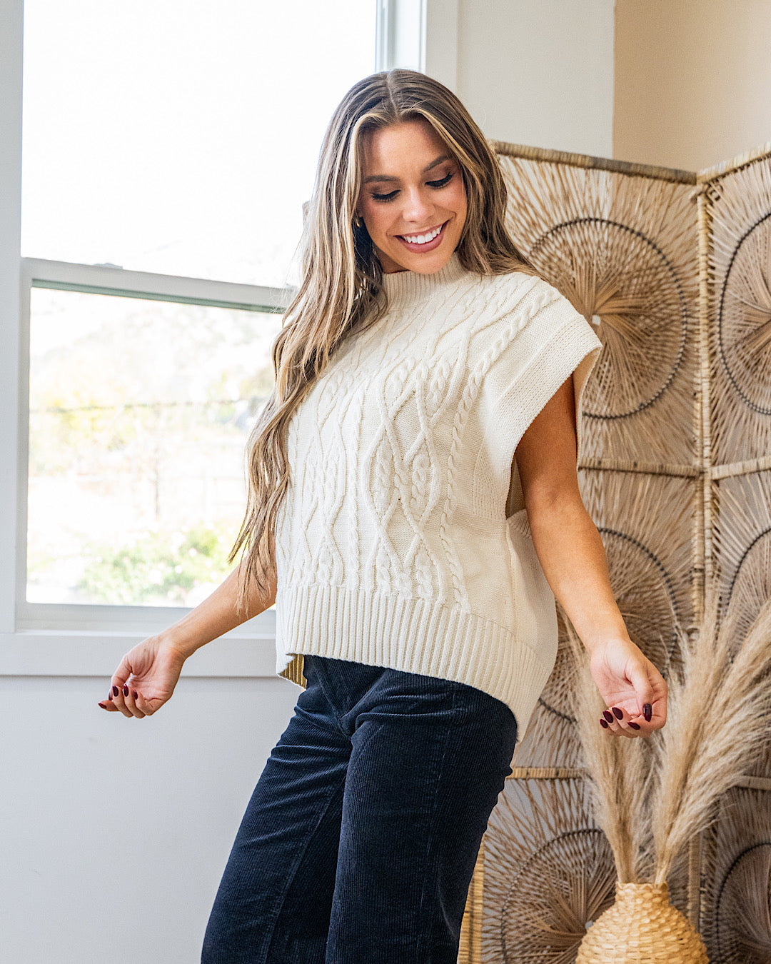 Elliana Cable Knit Sweater Vest - Cream Heyson