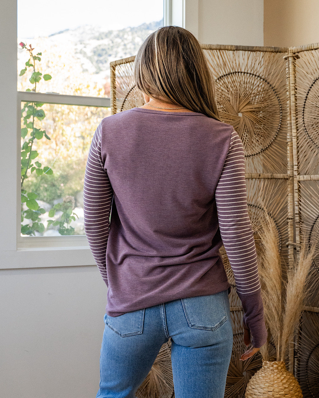 NEW! Eve Contrast Stripe Sleeve Henley Top - Vintage Mulberry