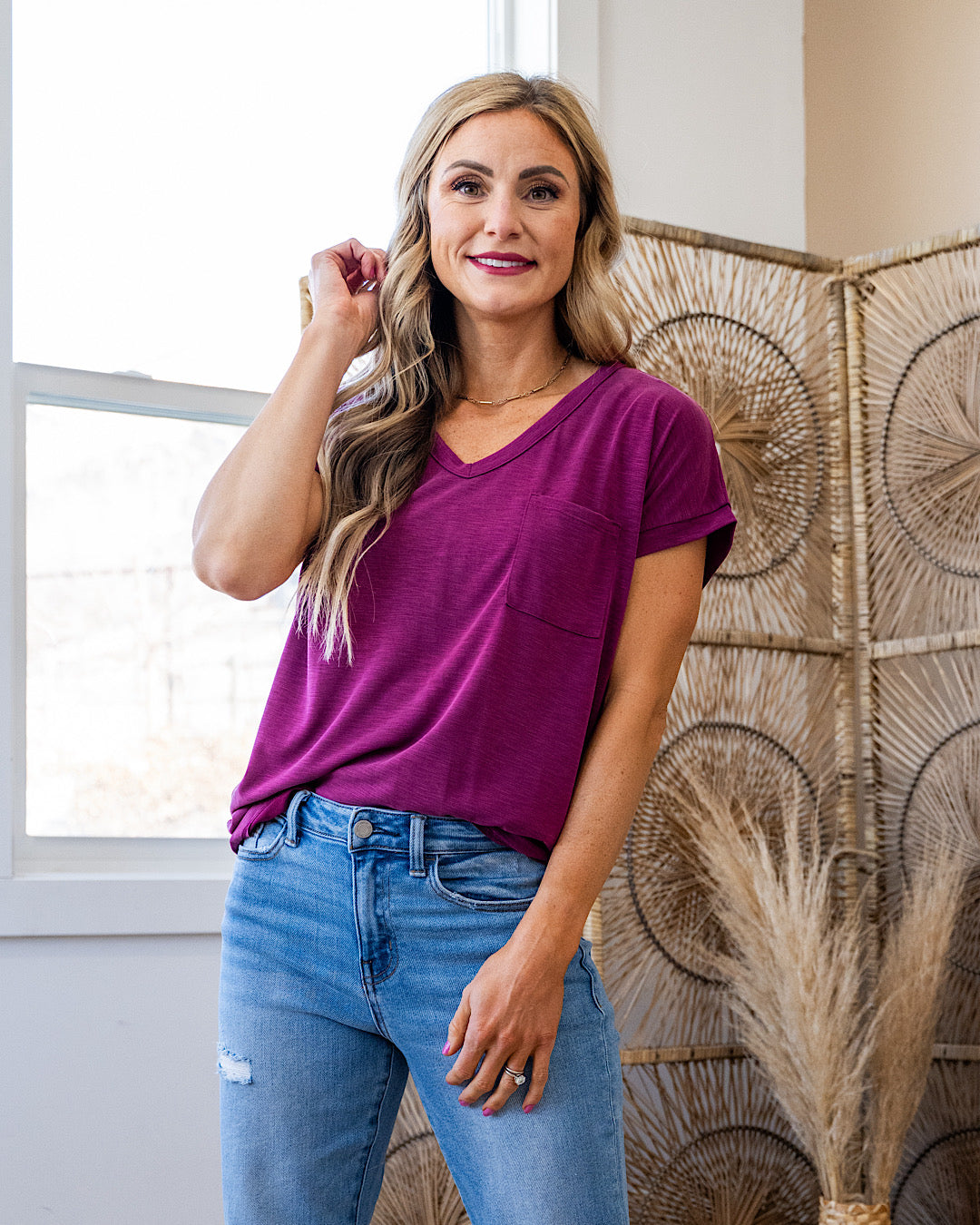 NEW! The Effortless V Neck Pocket Top - Magenta Staccato