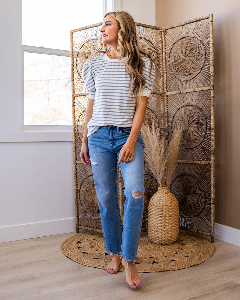 NEW! Hillary Striped Puff Sleeve Top - Heather Gray Lovely Melody
