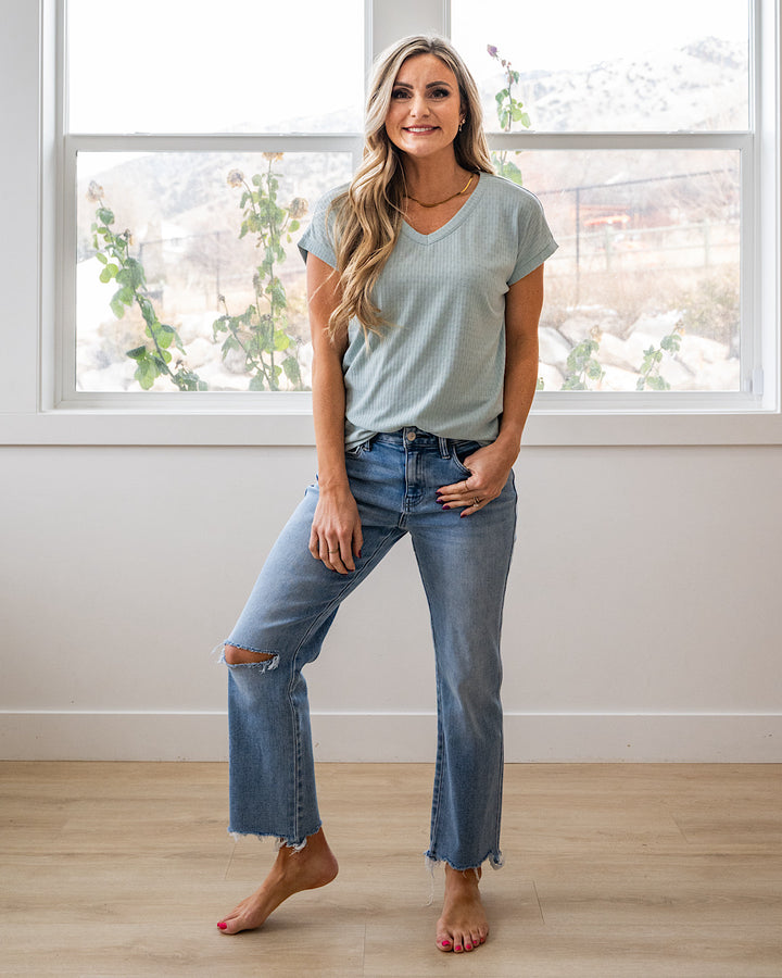 NEW! Winnie Pointelle V Neck Top - Light Aqua Staccato