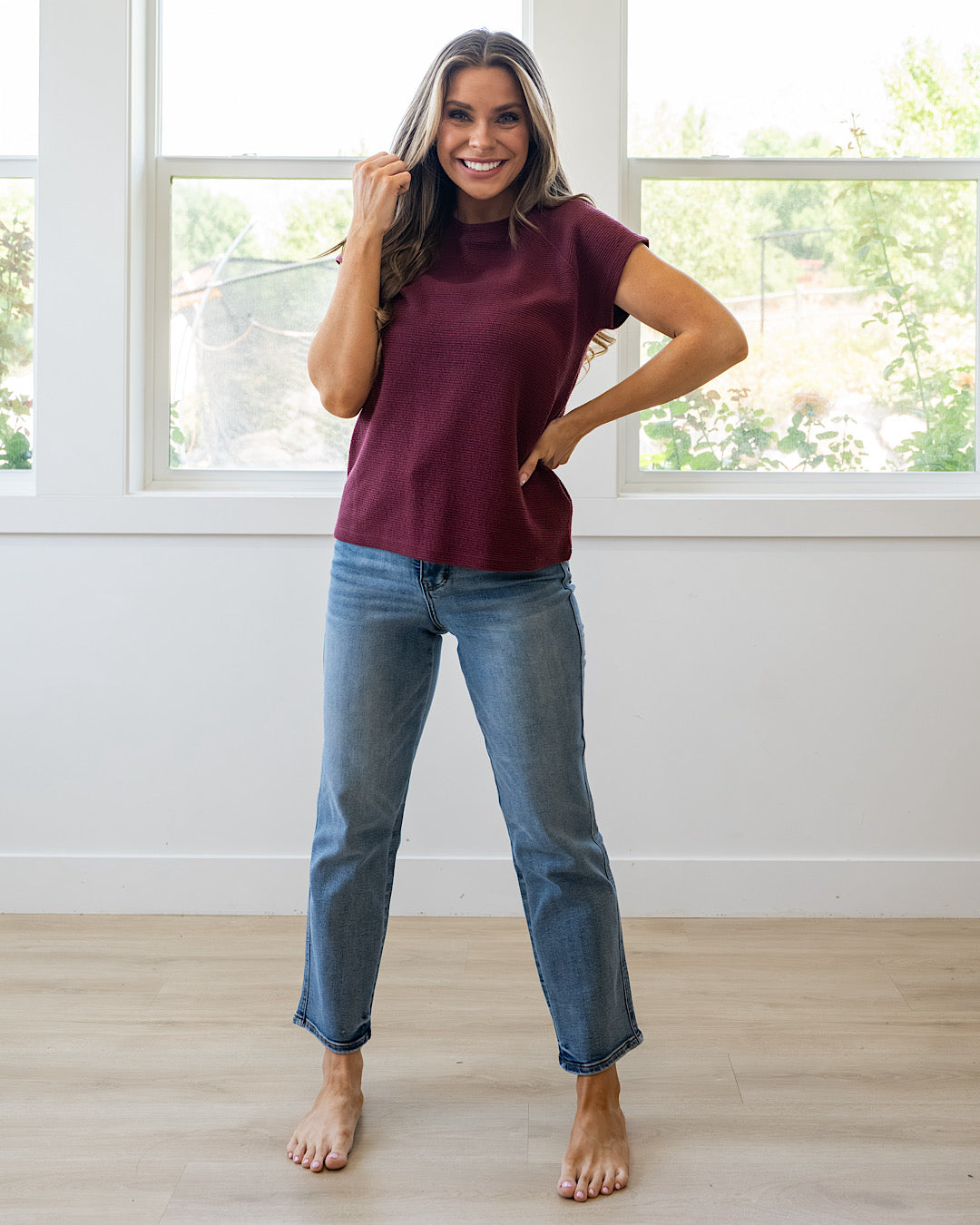 NEW! Justina Cloud Knit Short Sleeve Top - Wine