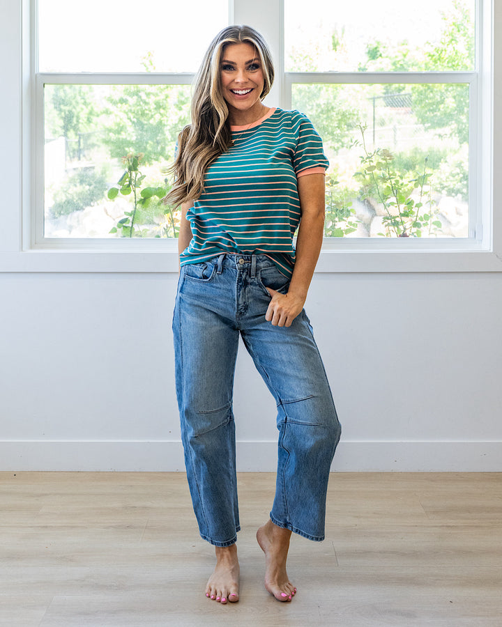 NEW! Shauna Contrast Striped Top - Dark Jade Staccato