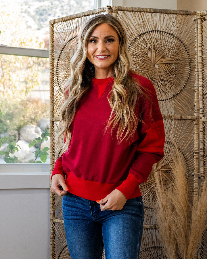 Mono B Varsity Color Block Fleece Crewneck - Color Options Available! Mono B Garnet Red