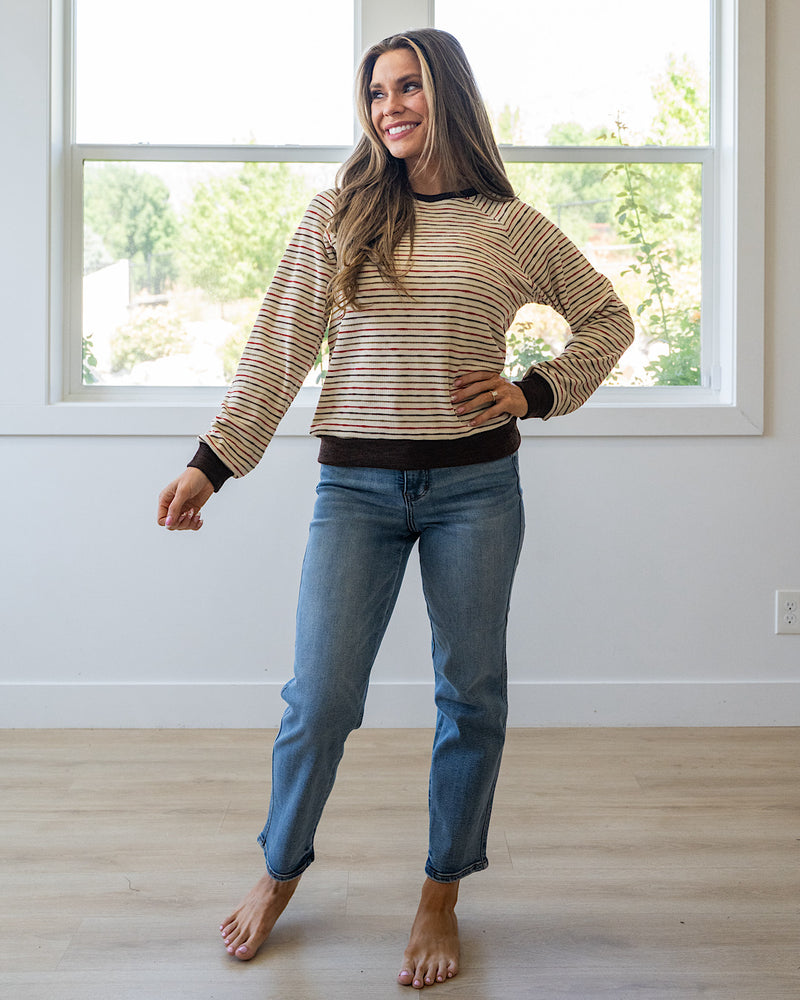 NEW! Kira Striped Raglan Waffle Top - Brown