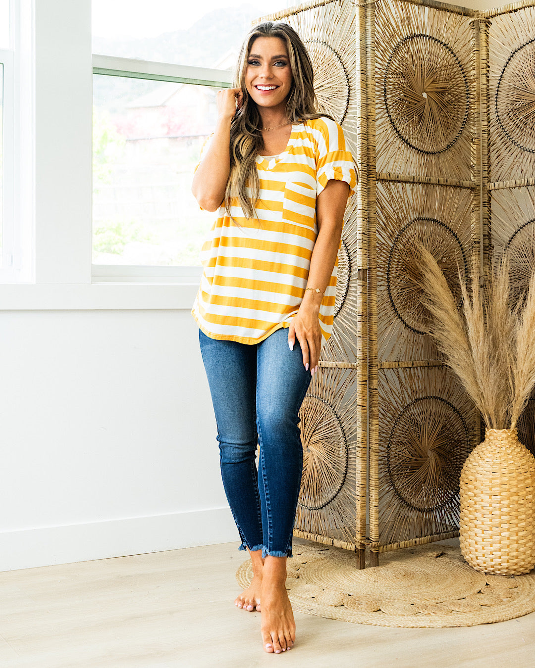 Jenna Stripe Boyfriend V Neck Top - Mustard FINAL SALE Sew In Love