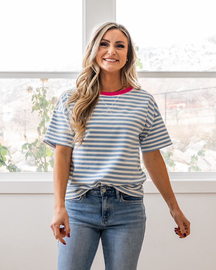 NEW! Ellie Contrast Striped Top - Sky Blue & Pink