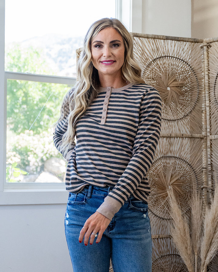 Claudia Striped Henley Top - Charcoal