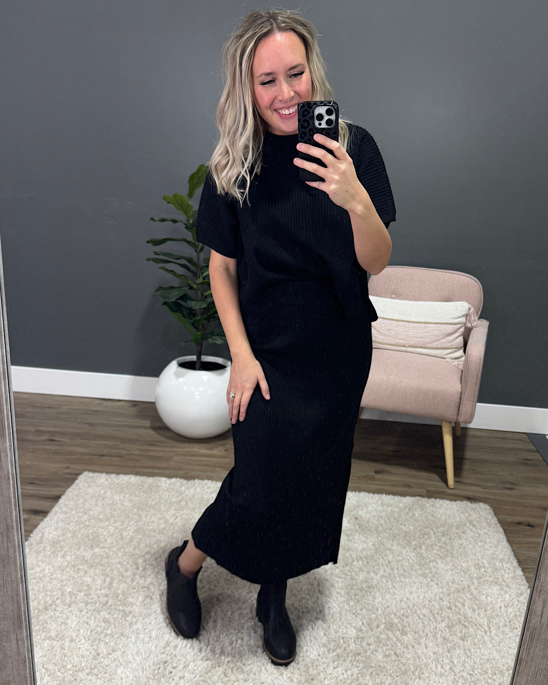 Renee Ribbed Sweater and Skirt Set - Black