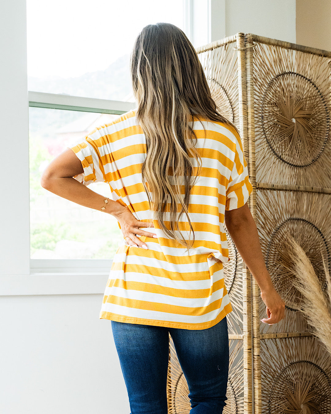 Jenna Stripe Boyfriend V Neck Top - Mustard  Sew In Love   