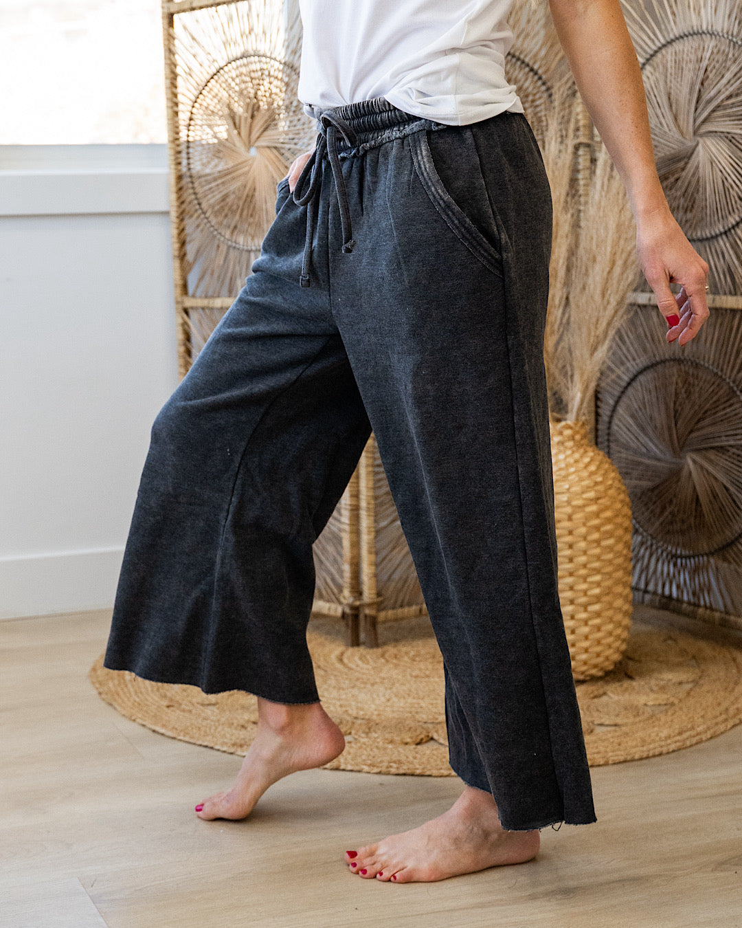 Cropped Wide Leg Comfy Pants - Ash Black Zenana