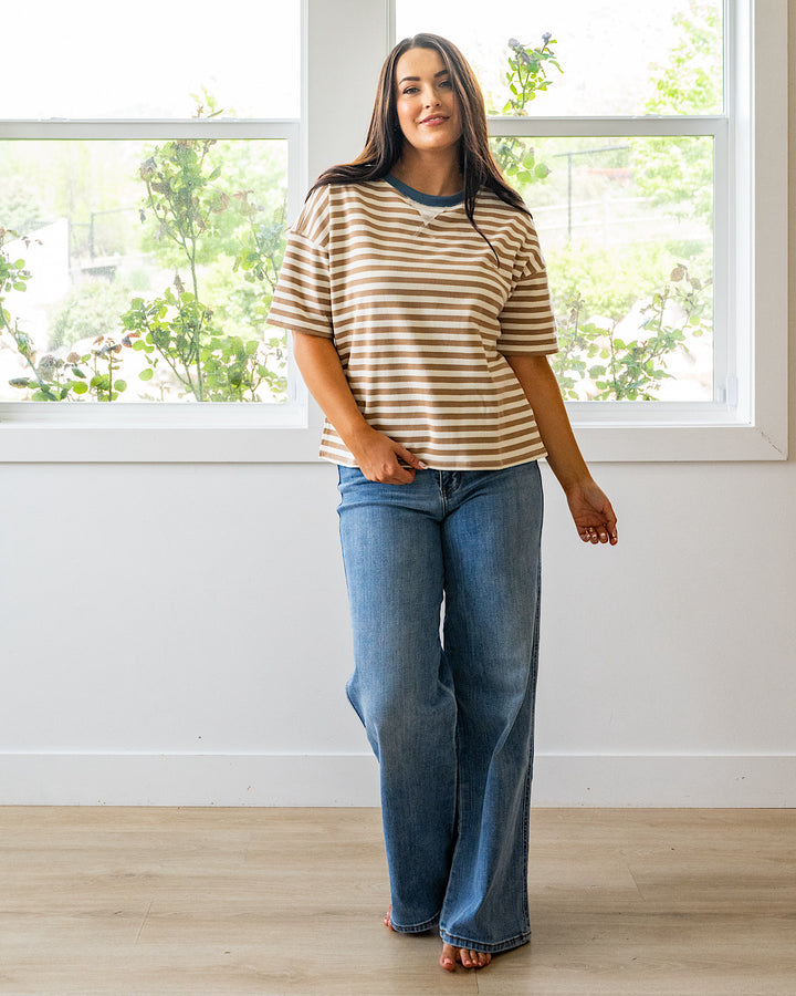 NEW! Hazel Contrast Striped Top - Tan & Blue