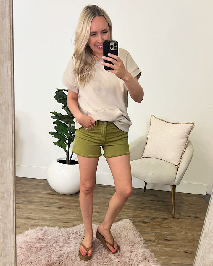 Judy Blue Matcha Green Fray Hem Shorts FINAL SALE Judy Blue