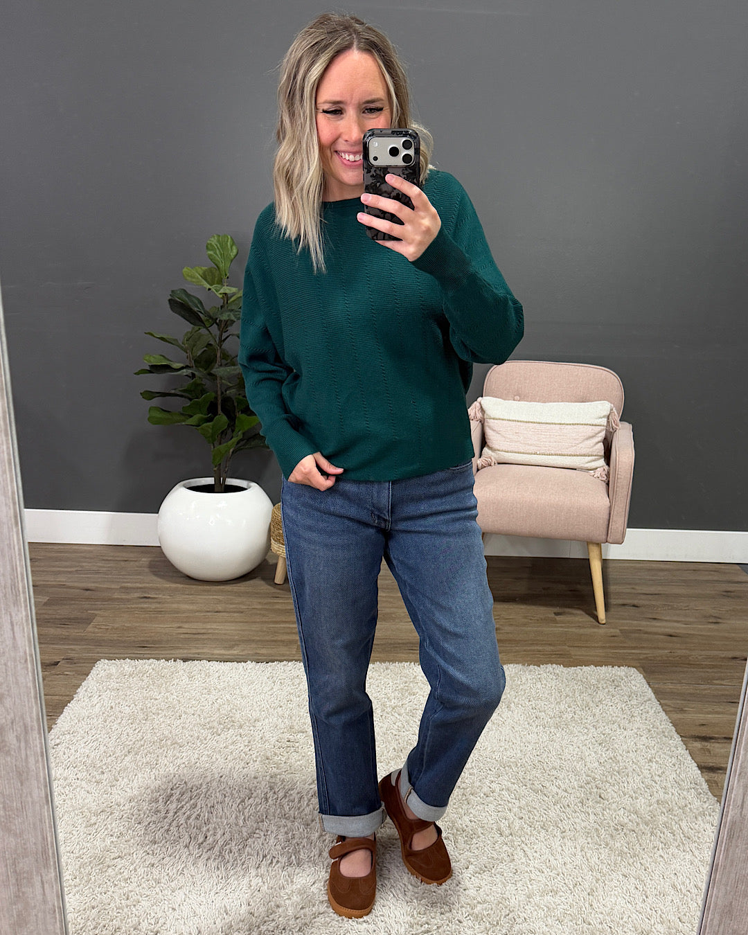 NEW! Adalyn Dolman Sleeve Textured Sweater - Forest