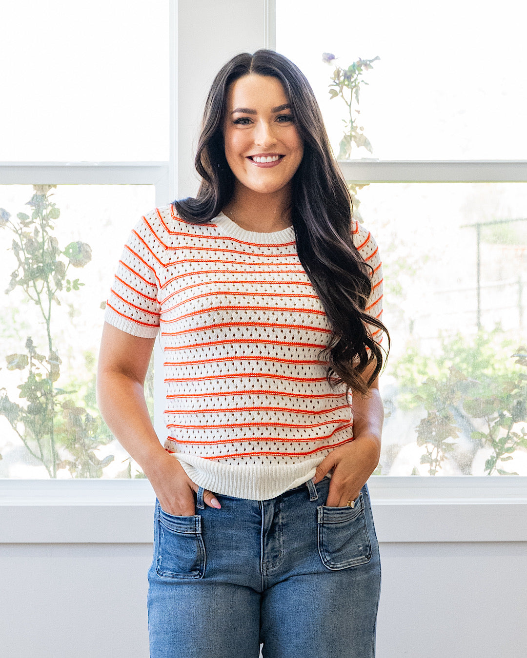 Kaitlyn Open Knit Striped Sweater Top - Color Options Available! Staccato Orange